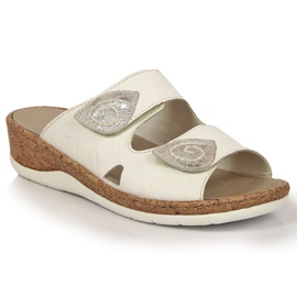 Chinelos de couro feminino Rieker V7151-80 branco com cunhas de velcro