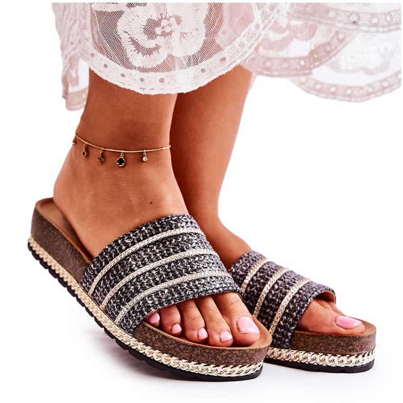 S.Barski Chinelos femininos clássicos com corrente Black Maddy preto