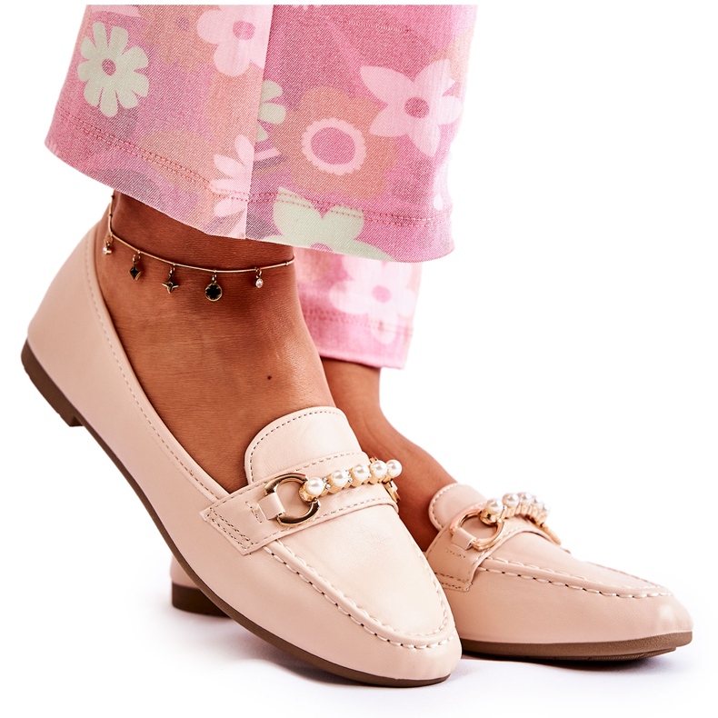 PG1 Mocassins femininos com pérolas decorativas Bege Sergia