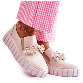 PA2 Tênis feminino de couro sem salto com decoração bege Mirana