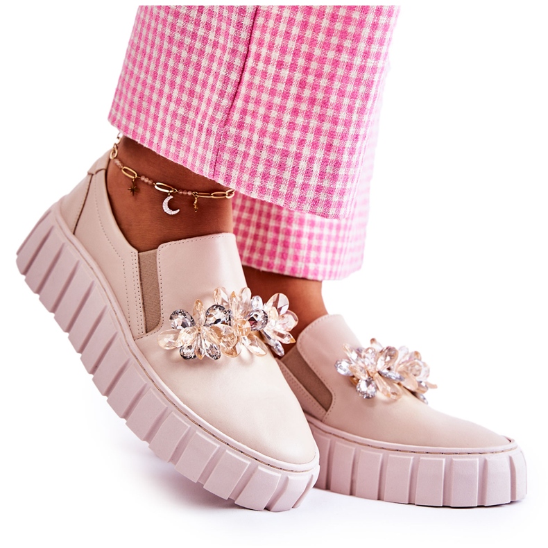 PA2 Tênis feminino de couro sem salto com decoração bege Mirana