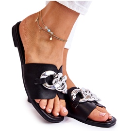 PG2 Chinelos femininos de couro com corrente decorativa preta Maraia preto