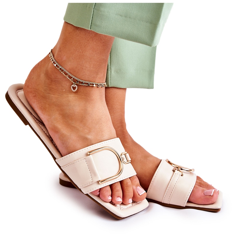 PG2 Chinelos femininos de couro clássico com decoração bege Shilla dourado