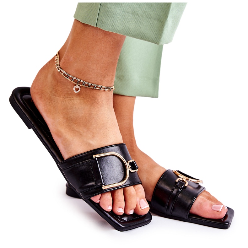 PG2 Chinelos femininos de couro clássico com decoração Shilla preta preto