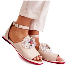 PA2 Sandálias femininas de couro com decoração Nevassa bege
