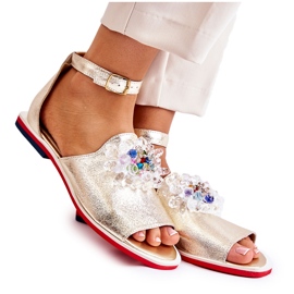 PA2 Sandálias femininas de couro com decoração Nevassa dourada dourado