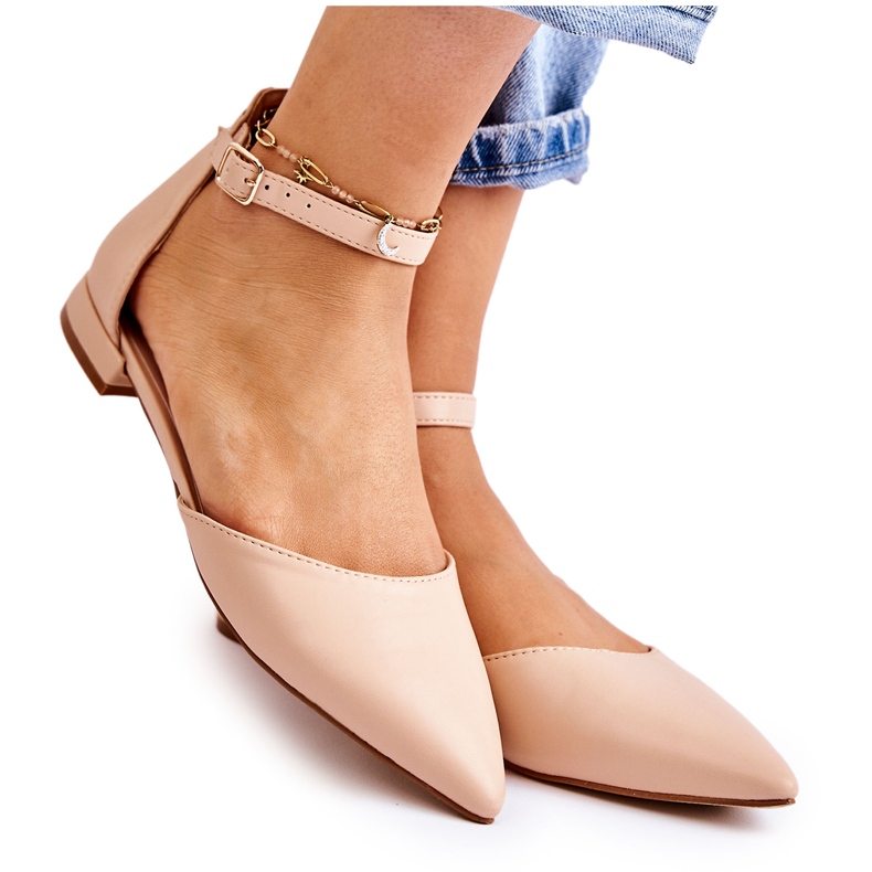 WD1 Sandálias bailarinas femininas de couro em Spitz bege caprise