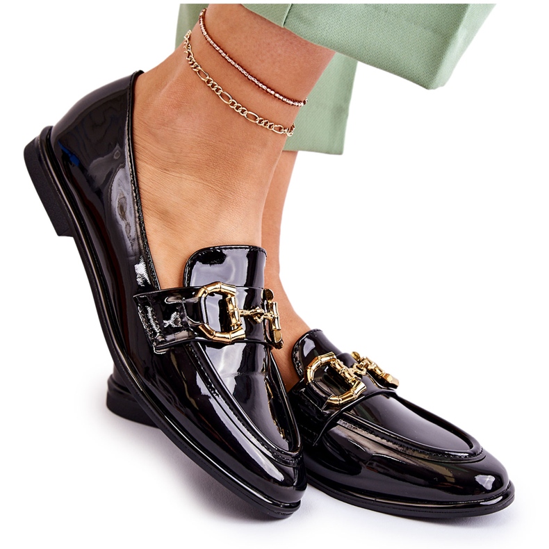 WS1 Mocassins femininos Coriso preto lacado