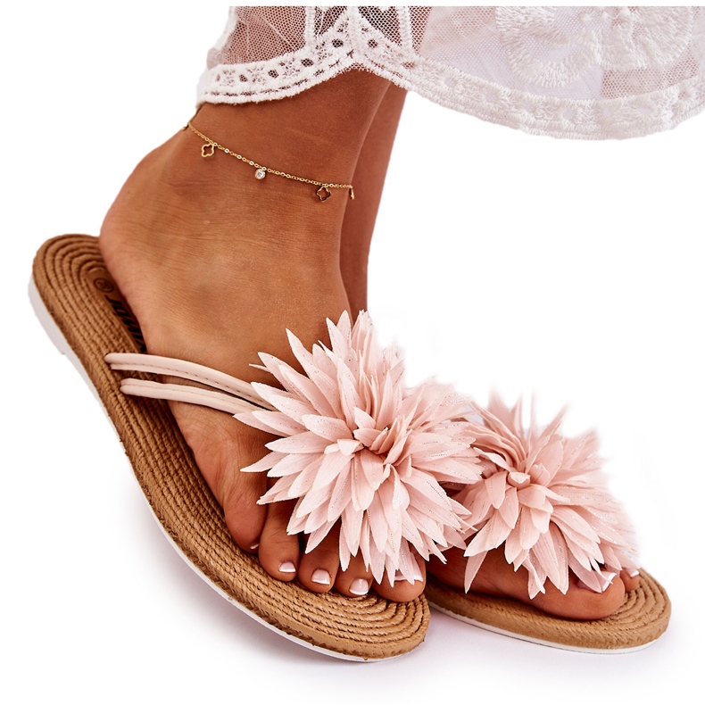 WJ1 Chinelos femininos com enfeite de tecido Rosa claro Eviana