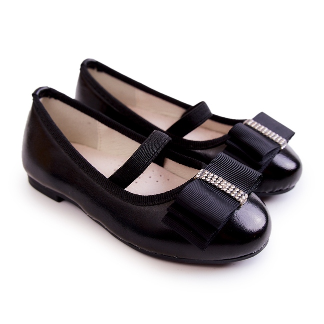 S.Barski Bailarinas infantis de couro com laço decorativo preto clarinho