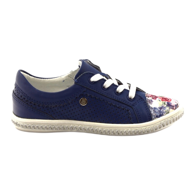 Sapatos de couro azul marinho feminino com flores 85524 Bartek