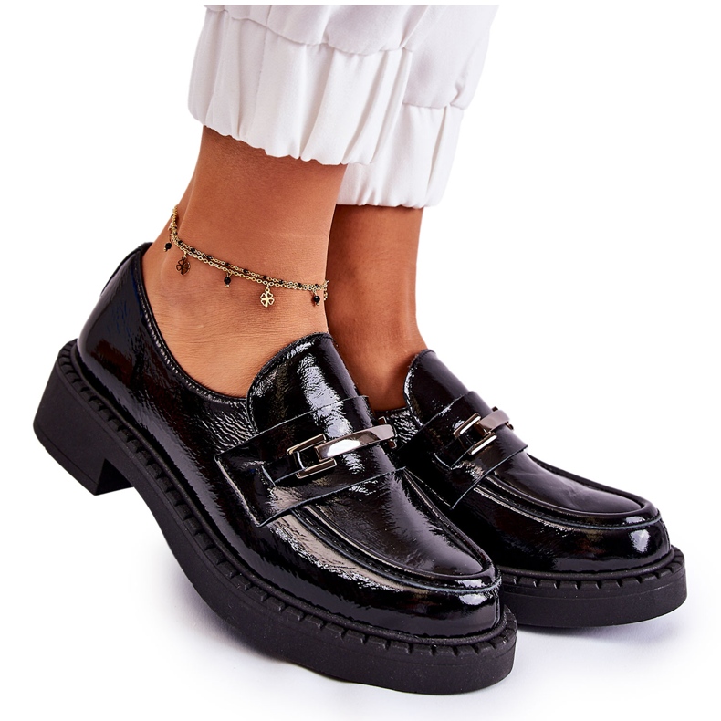 Sapatos Lacados Com Ornamento Prata Preto Hestill