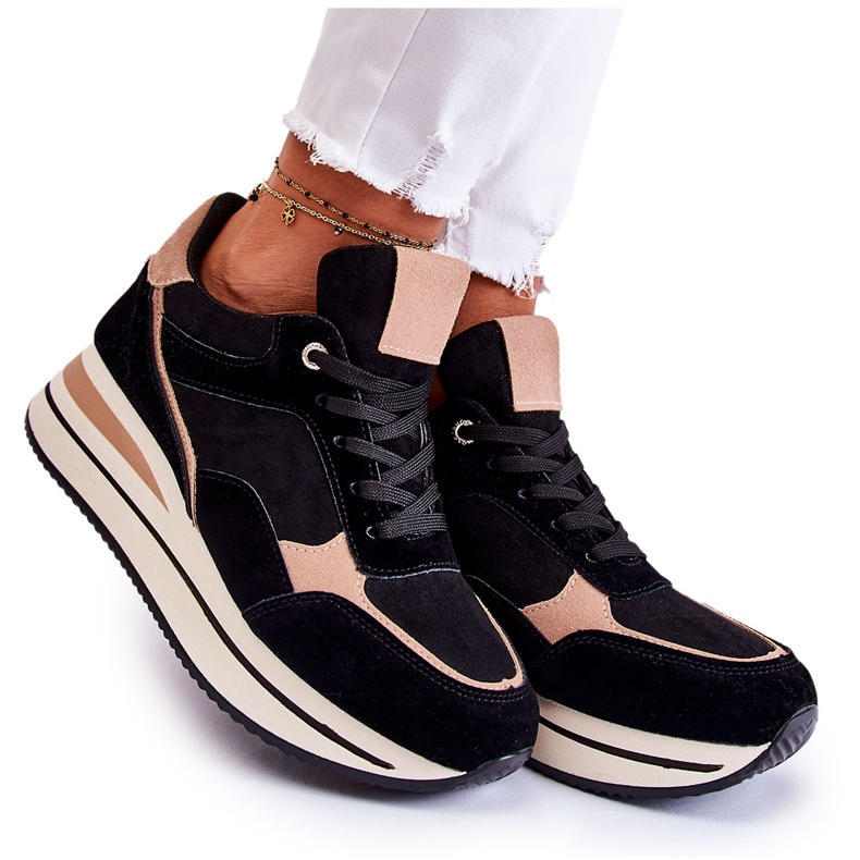 PS1 Tênis esportivo feminino de camurça preto e bege Elisse