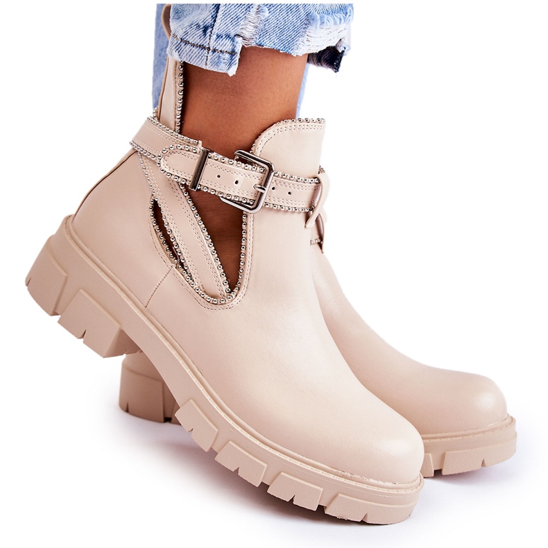 PG1 Botas femininas de couro com tachas bege clarins