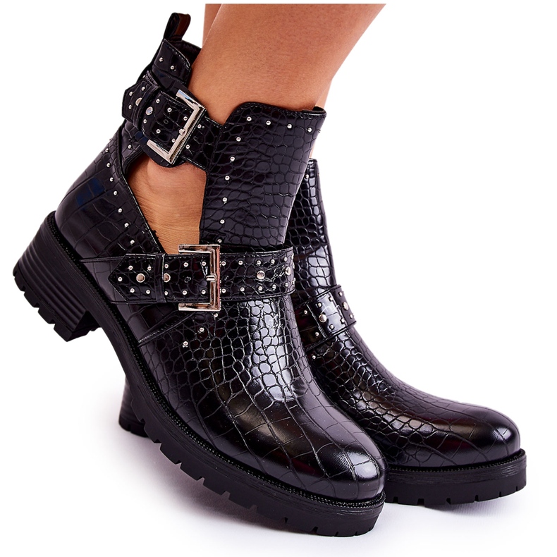 PG1 Botins femininos com recortes preto Santhana