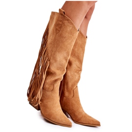 WJ2 Botas de cowboy femininas de camurça com franjas Camel Simplo castanho WJ2 Botas de cowboy femininas de camurça com franjas Camel Simplo castanho