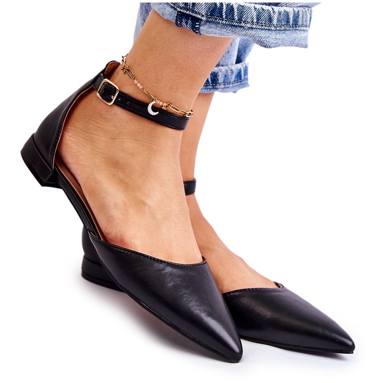 WD1 Sandálias bailarinas femininas de couro em Spitz Black Caprise preto