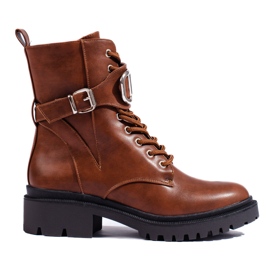 Botas de trabalho femininas marrons com atacadores e fivela decorativa castanho