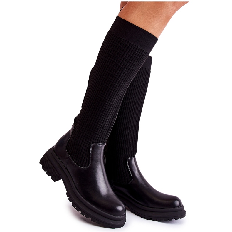 PS1 Botas femininas com nervuras no salto plano preto Allys PS1 Botas femininas com nervuras no salto plano preto Allys