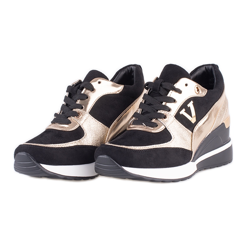 Vinceza Tênis feminino Potocki preto e dourado com salto de cunha