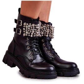 PG1 Botinhas femininas com enfeites amarrados leonês preto