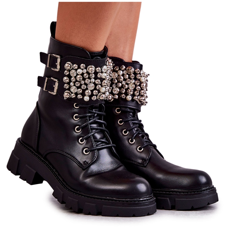 PG1 Botinhas femininas com enfeites amarrados leonês preto