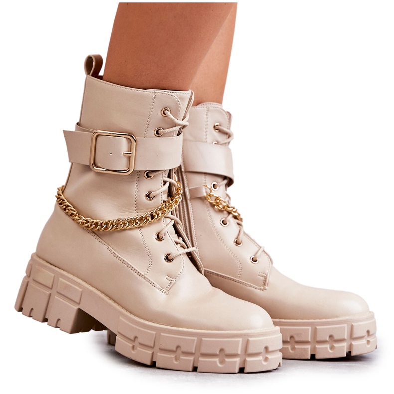 PG1 Botas de trabalhadores da moda com corrente bege Solesso