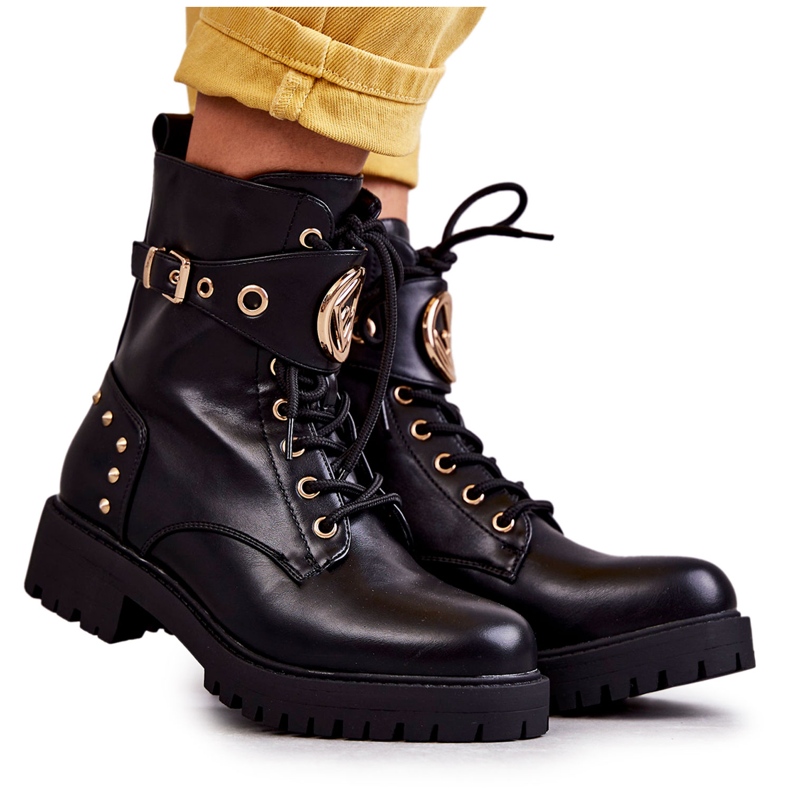 PG1 Botas femininas de couro com tachas pretas Leticia preto