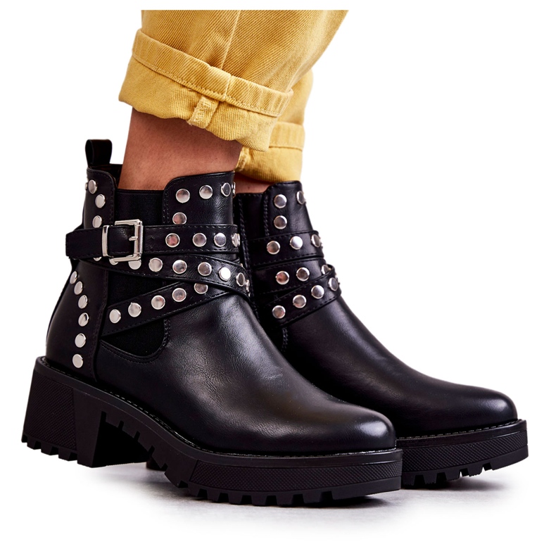 PG1 Botas femininas de couro com tachas decorativas pretas Sanchez preto