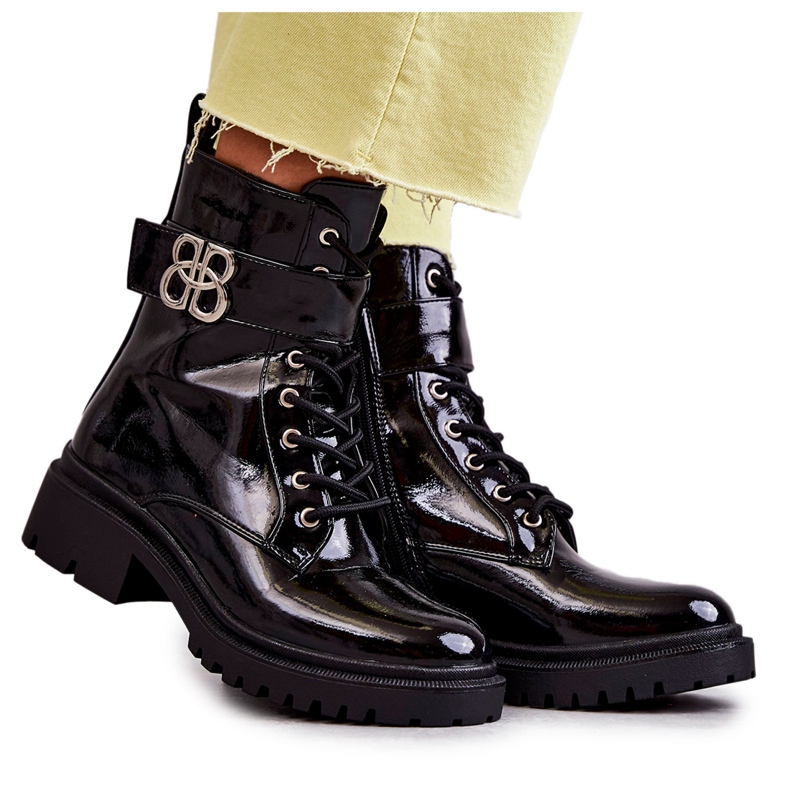 PG1 Botas Quentes Femininas Lacadas Com Decoração Feno Preto