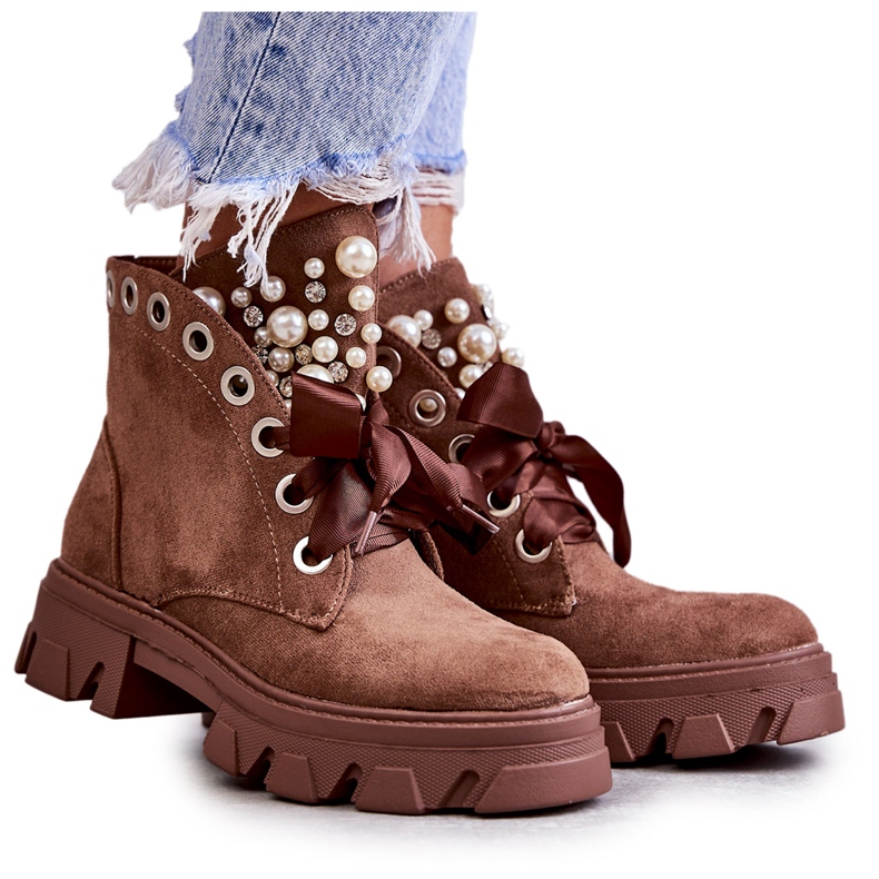 PS1 Botas quentes de camurça marrom Roco com pérolas castanho