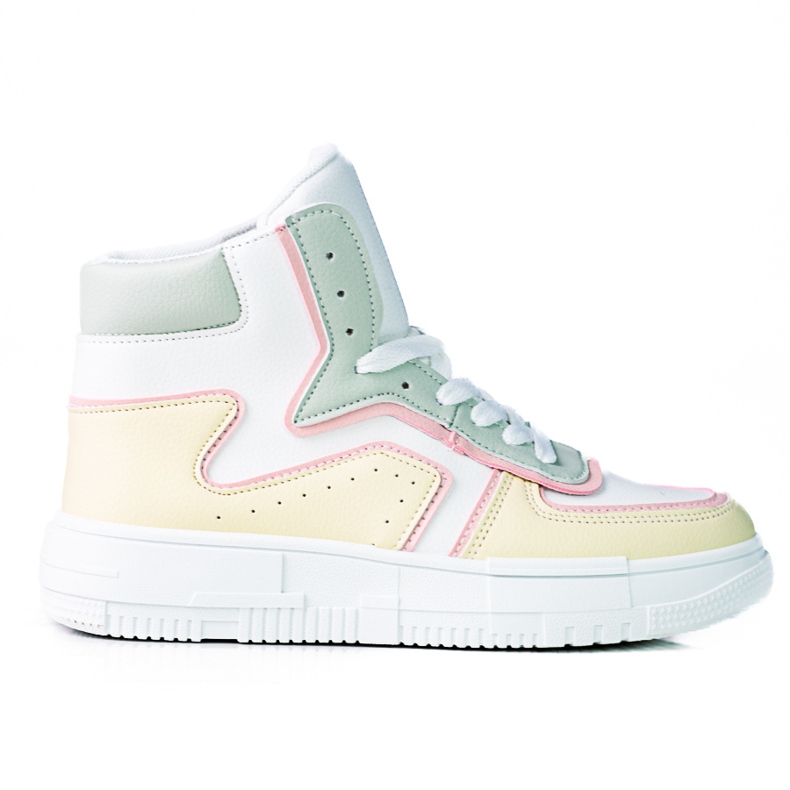 Tênis feminino High Shelovet feito de couro ecológico branco, amarelo e verde multicolorido