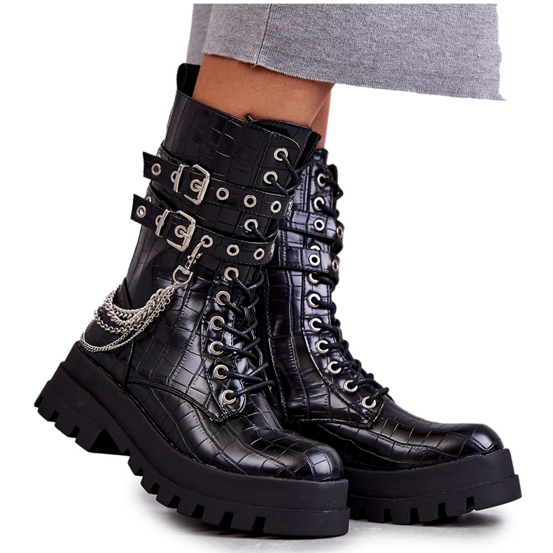 PG1 Botas altas de operário com corrente de cobra preta Montero preto