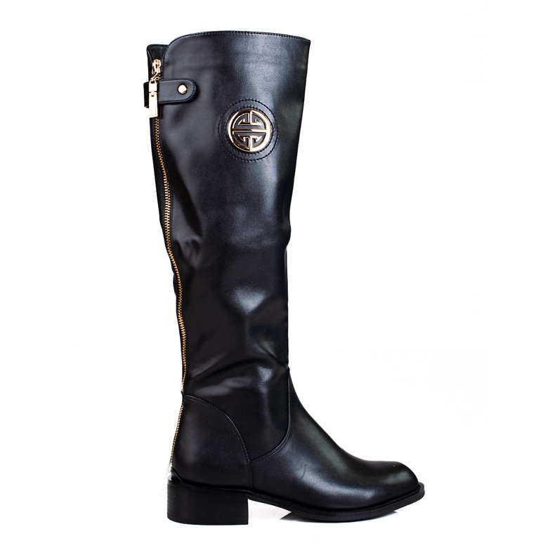 Botas femininas com zíper Shelovet decorativo em couro ecológico preto