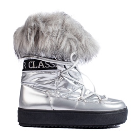 Botas de neve femininas prateadas com pele prata