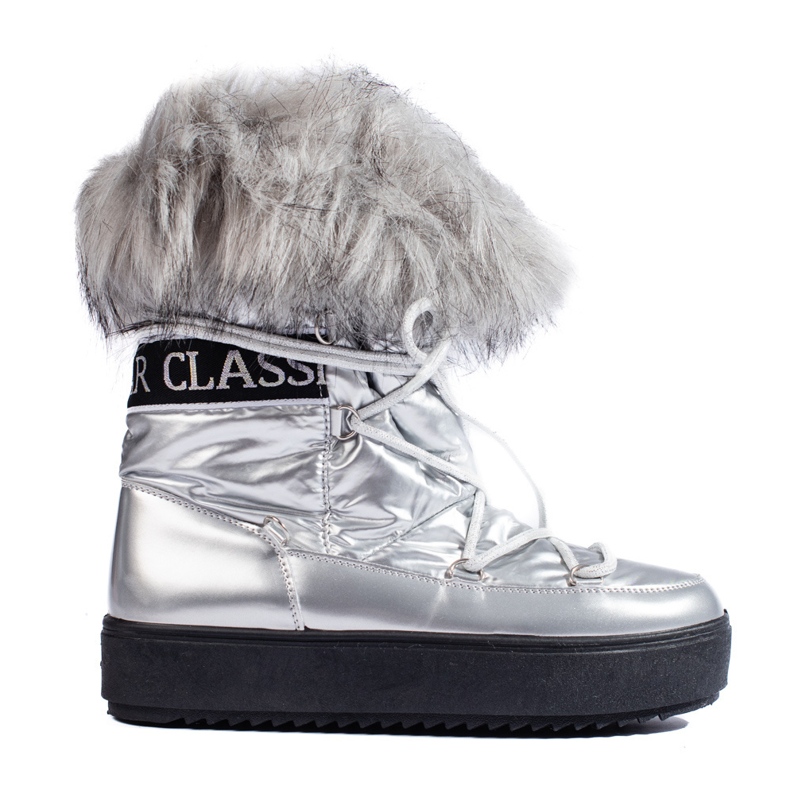 Botas de neve femininas prateadas com pele prata