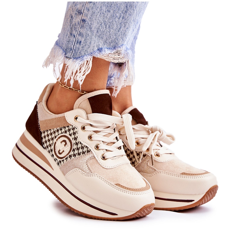 FB2 Sapatos esportivos femininos da moda em cunha bege-marrom Aronne castanho