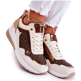 PG1 Tênis esportivo feminino com cunha, couro ecológico, Catrine branco-marrom bege dourado