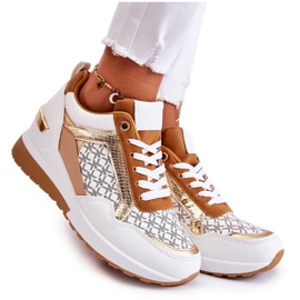 PG1 Tênis esportivo feminino de couro ecológico com cunha branca Catrine branco marrom multicolorido