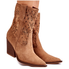 FB1 Botas de cowboy de camurça da moda com flores de camelo Coralie castanho