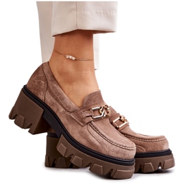 PL5 Salto alto de camurça com decoração de lurdes marrom dourado bege