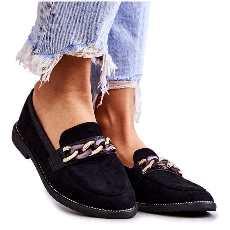 FB2 Mocassins femininos de camurça com uma corrente de unhas pretas preto