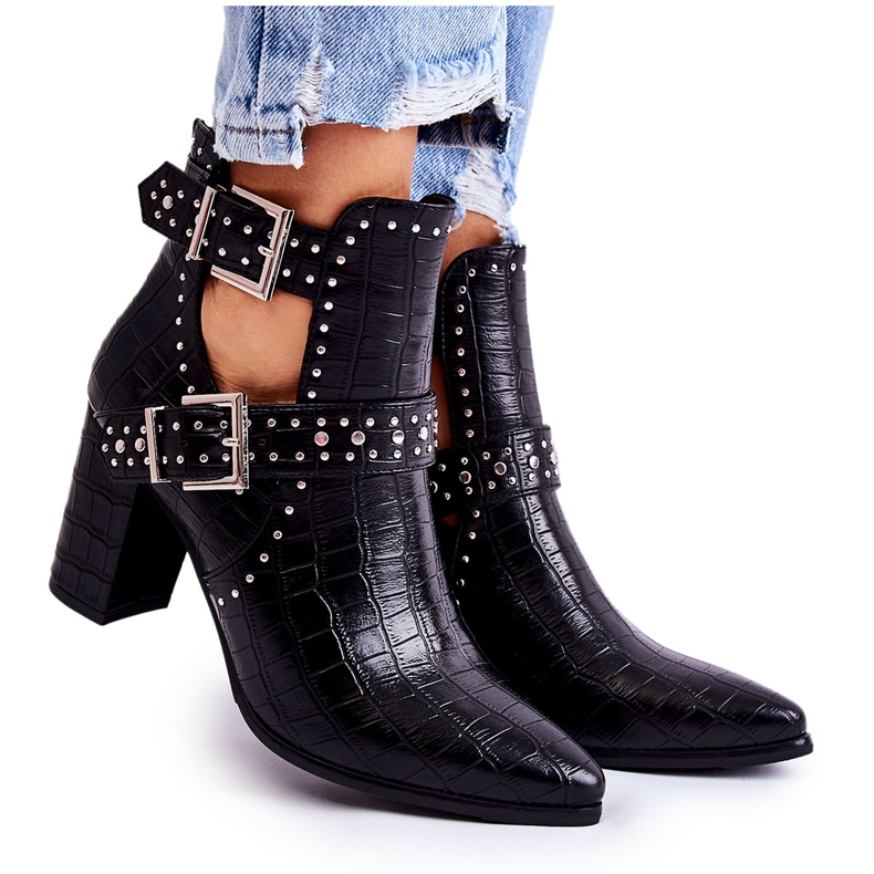 WJ2 Botas femininas no calcanhar com strass preto Kelin