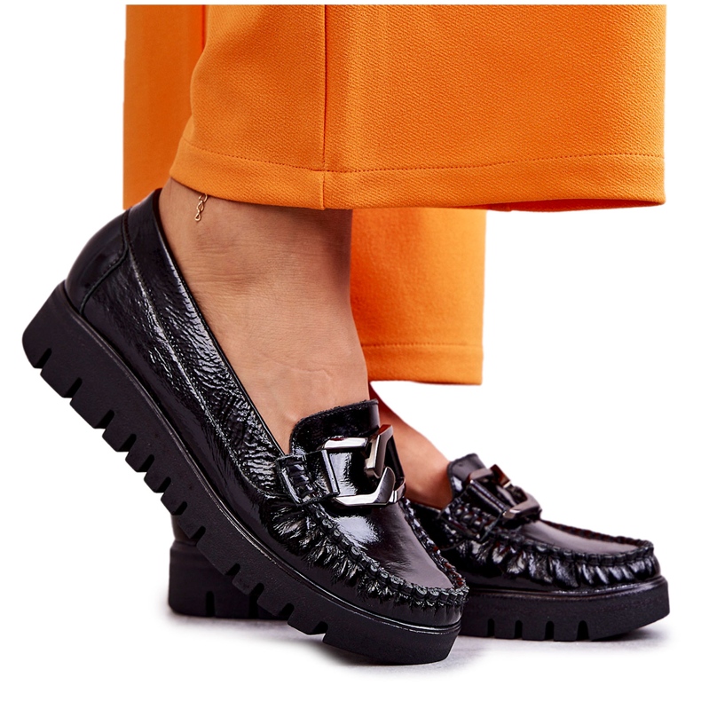 PL5 Mocassins femininos de couro na plataforma Black Venesia preto