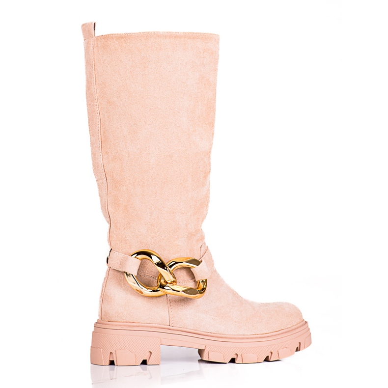 Botas femininas bege com corrente Shelovet em camurça ecológica