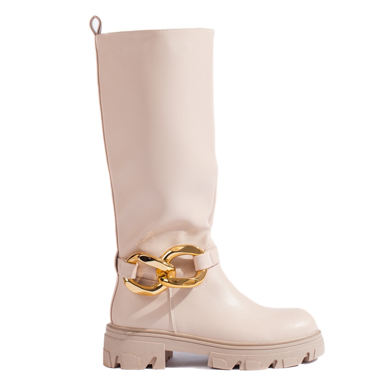 Botas femininas bege com corrente Shelovet em couro ecológico