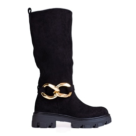 Botas pretas femininas com corrente Shelovet de camurça ecológica preto