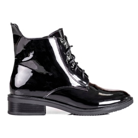 Botas Shelovet femininas elegantes com renda, feitas de couro ecológico envernizado preto