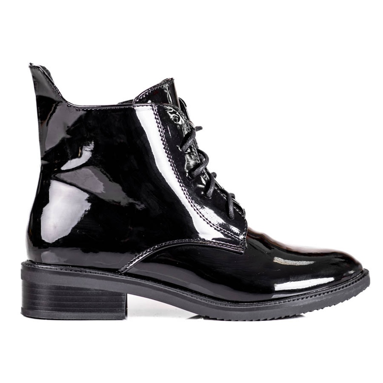 Botas Shelovet femininas elegantes com renda, feitas de couro ecológico envernizado preto