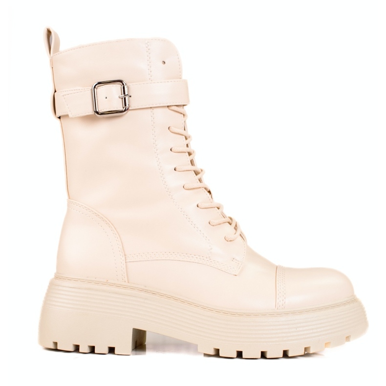 Botas altas de trabalho femininas bege com atacadores